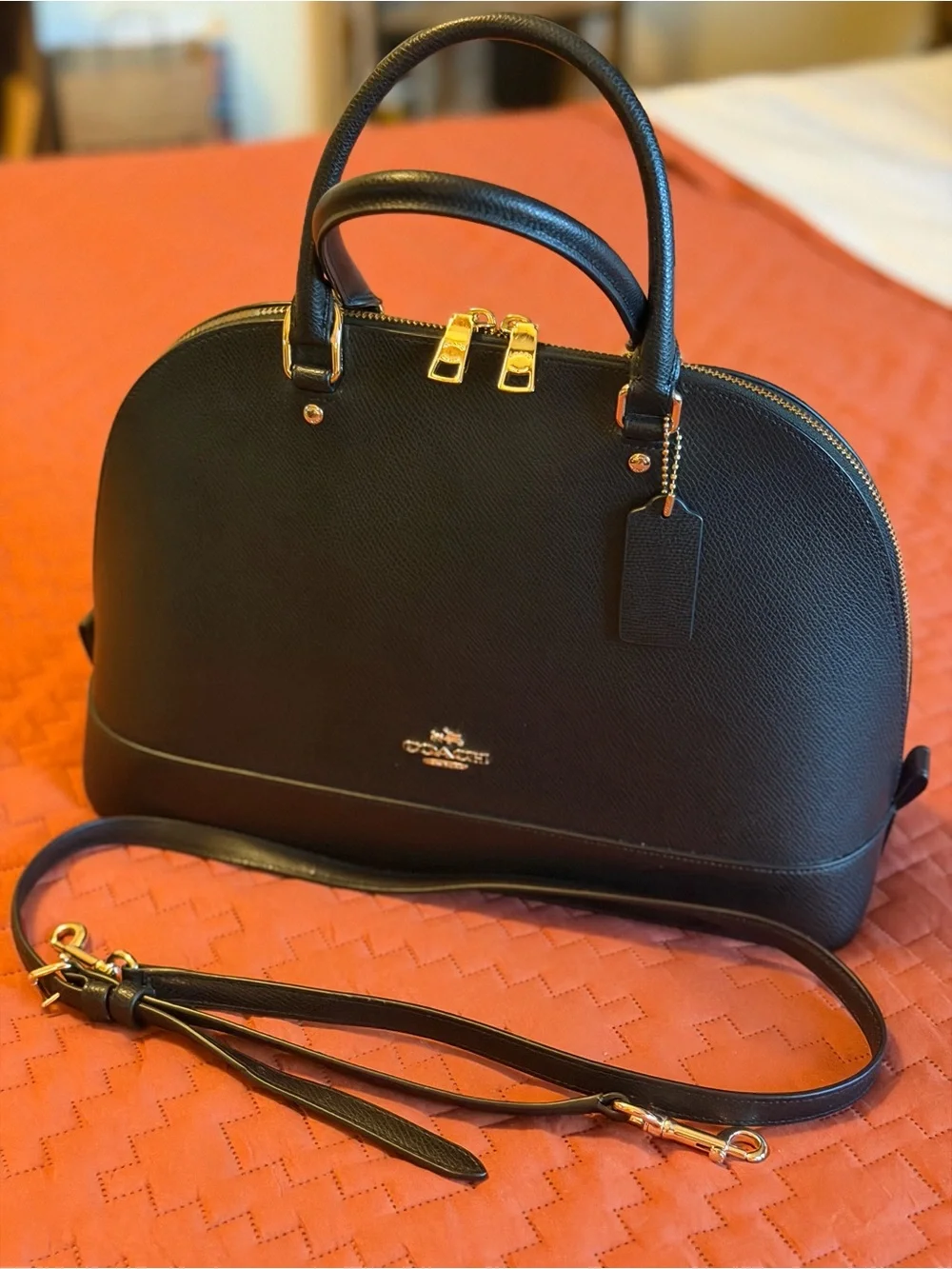 Coach Black Saffiano Dome Satchel with Gold Hardware